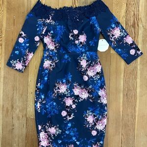 Cocktail Dress -Dark Navy Blue with Pink Flowers Size US4